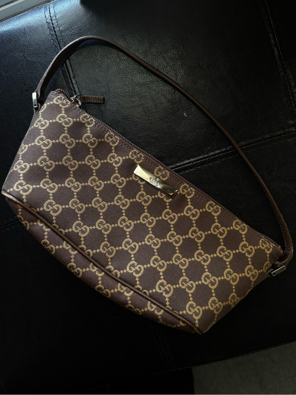 Gucci Brown GG Monogram Canvas Shoulder Clutch with Gold Hardware
